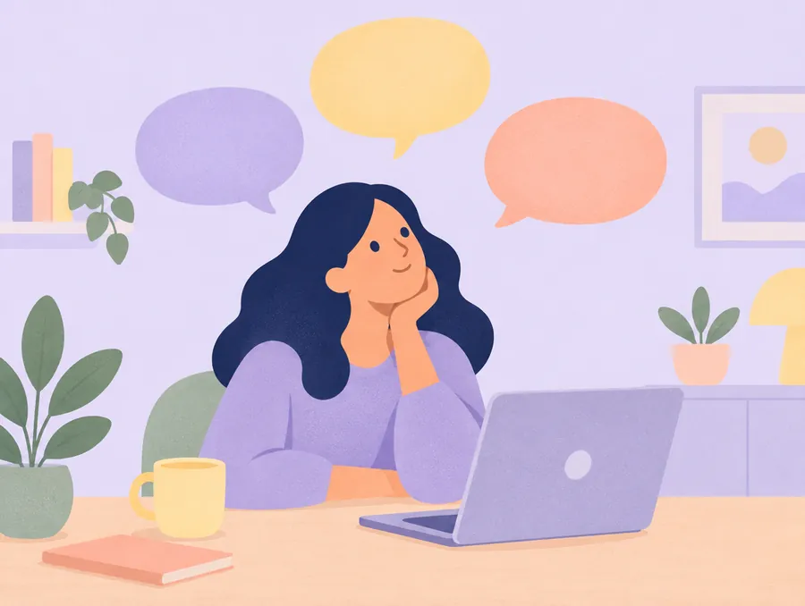 Illustration of a woman thinking at her laptop