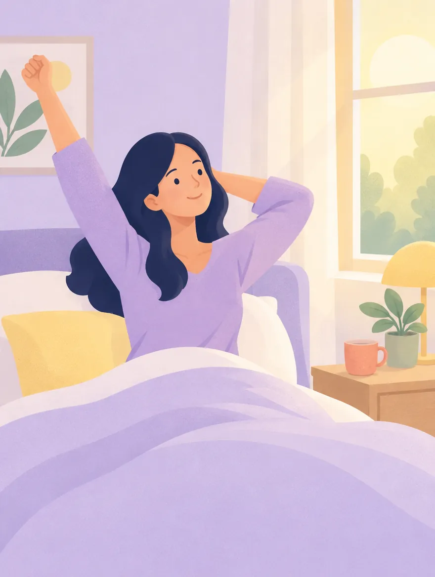 Illustration of a woman stretching in bed in the morning sun