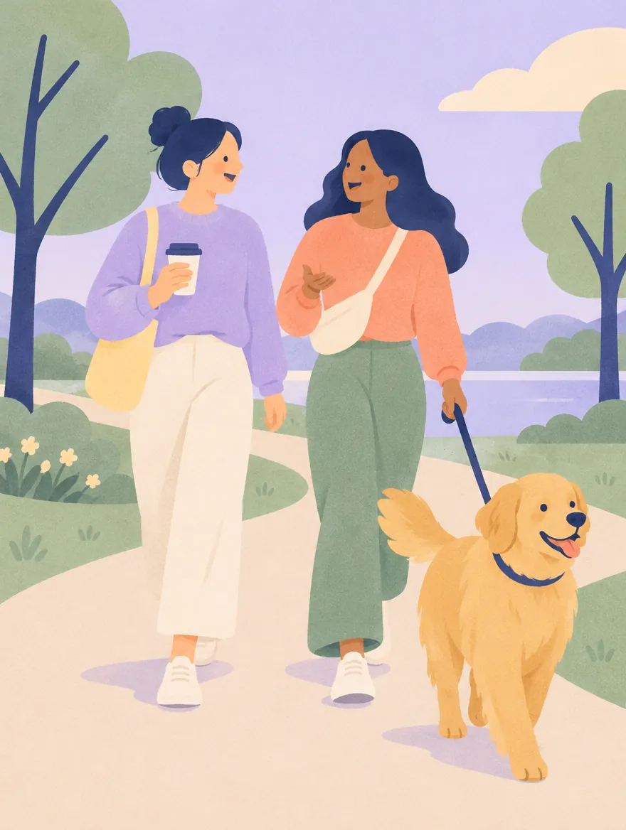 Illustration of two people walking a golden retriever