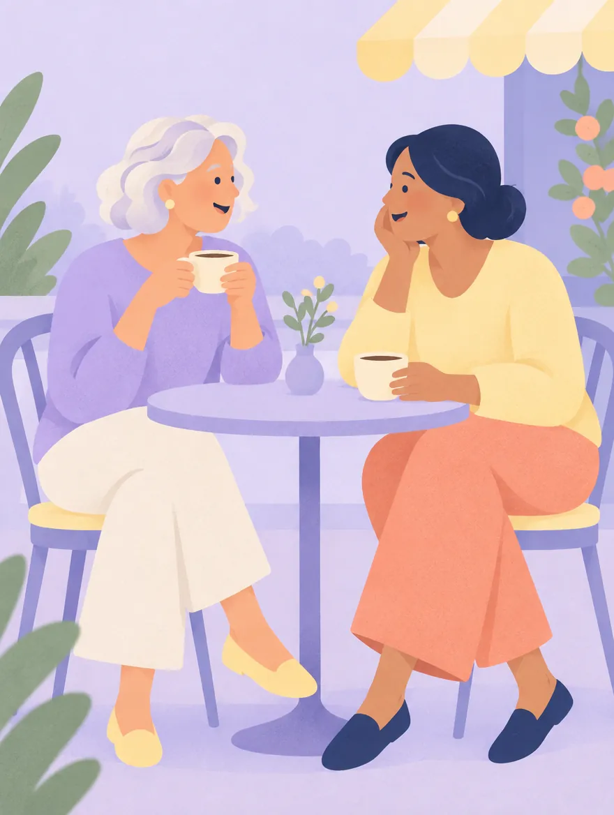 Illustration of two friends walking a dog in the park with coffee