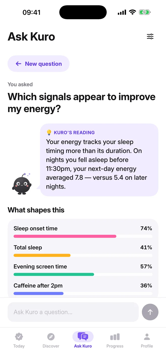 Kuro's Ask Kuro screen answering which signals appear to improve energy