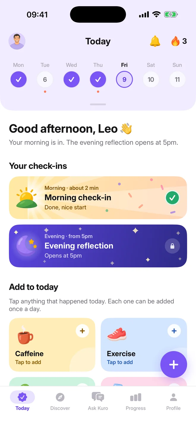 Kuro's Today screen with morning and evening check-in cards and signal tiles
